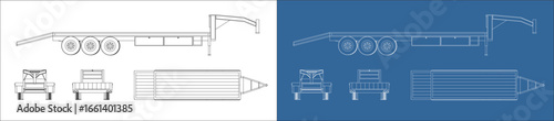 Flatbed trailer blueprint set with front, side, top, and rear view technical drawing