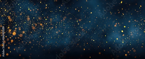 Sparkling gold particles suspended in a dark, navy blue background