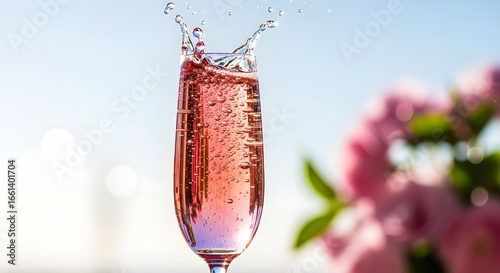 Splashing pink rose wine in a glass with flowers