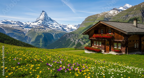 4k swiss alps meadow with snow capped peaks and wooden chalet