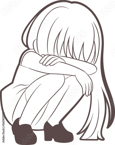 Sad anime girl sitting under blossom branch, black and white illustration, emotional artwork, melancholic mood, delicate line art drawing