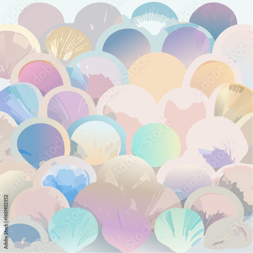 Seashell textures glow in pearly pastels with shimmering light, creating a refined luxury vector background.