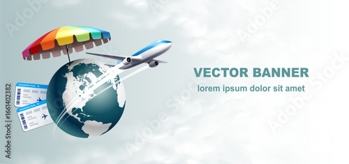 Air travel concept: plane, planet earth, boarding passes, umbrella