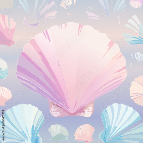 Seashell textures glow in pearly pastels with shimmering light, creating a refined luxury vector background.