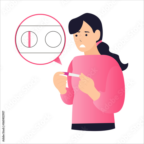 Girl in pink sweater looking at negative pregnancy test. Vector illustration for presentations