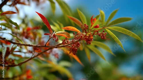 Vibrant autumnal branch with colorful leaves and berries
