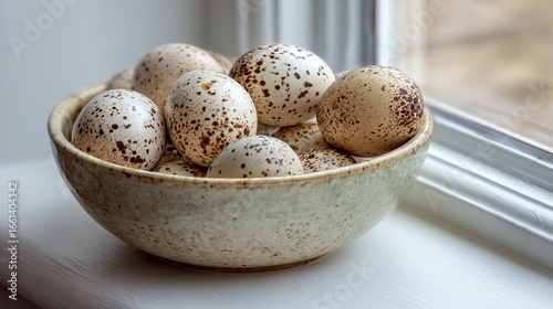 Naturally speckled quail eggs fill a rustic ceramic bowl, evoking freshness and wholesome goodness for your projects.