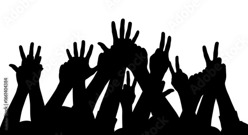 Silhouette of many raised hands in a crowd, signifying celebration or excitement.