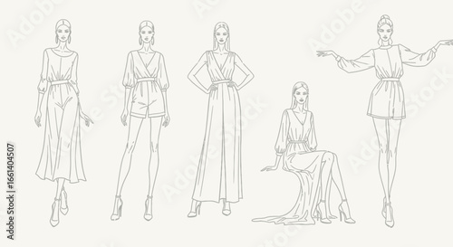Fashion illustrations showcasing elegant women in various stylish dresses and poses, all in monochrome.