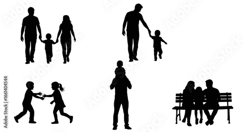 Silhouettes of families engaged in various activities, including walking, playing, and caring for children.