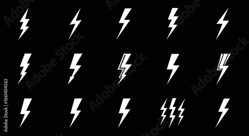 Dynamic electric lightning bolt symbols on black background ready for modern design projects