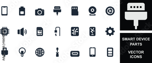 Smart device parts icon set featuring smartphone, battery, chip, USB, camera, SIM, Bluetooth, and connectors. Perfect for technology, gadget, hardware, and digital interface designs.