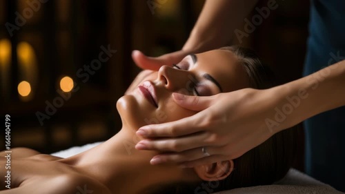 Wallpaper Mural Close-up, serene spa scene with gentle hands massaging a woman's face. Warm lighting creates a relaxing ambiance, perfect for a wellness video. Torontodigital.ca