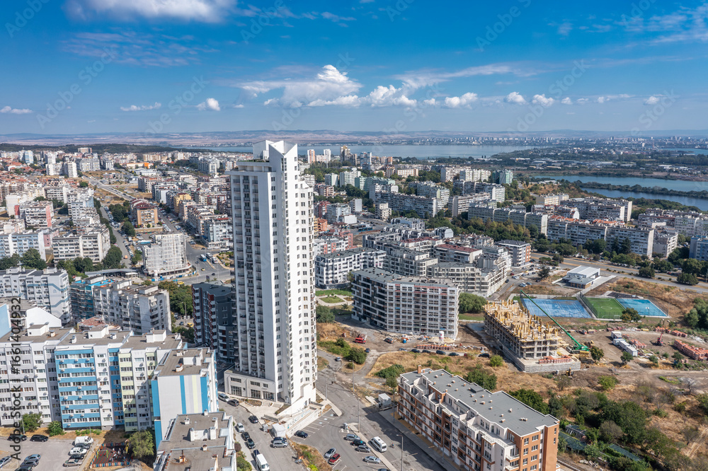 Naklejka premium Aerial view to the skyscraper in the Meden Rudnik district, Burgas, Bulgaria