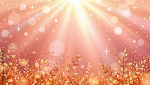 golden blush theme with soft rose with metallic gold, gradient with sparkling dust, scattered golden flecks, centered radiant light, romantic and radiant
