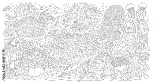 Detailed black and white illustration of an underwater coral reef ecosystem, featuring various marine life.