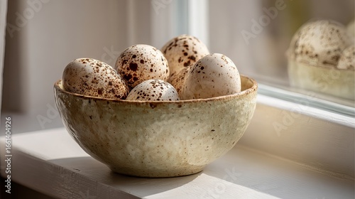 Naturally speckled eggs in a rustic bowl bathed in soft window light, evoking spring and freshness.