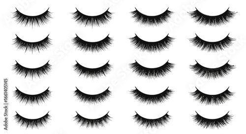 Collection of various black false eyelashes on a white background.