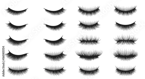 Collection of various styles of false eyelashes arranged in rows on a white background, showcasing different lengths and thicknesses.