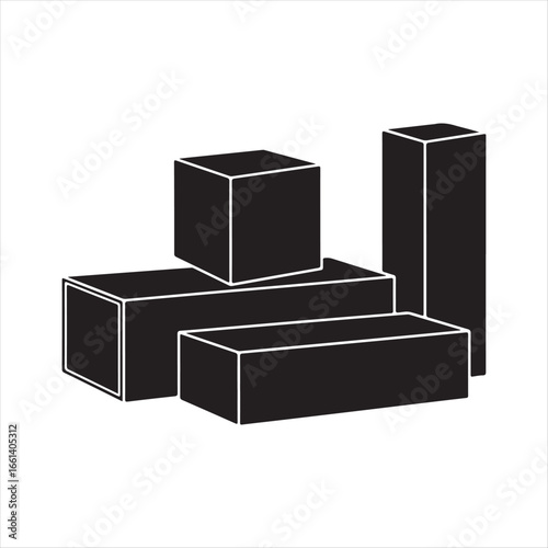 Black geometric shapes including cubes and rectangular prisms on white cuboid