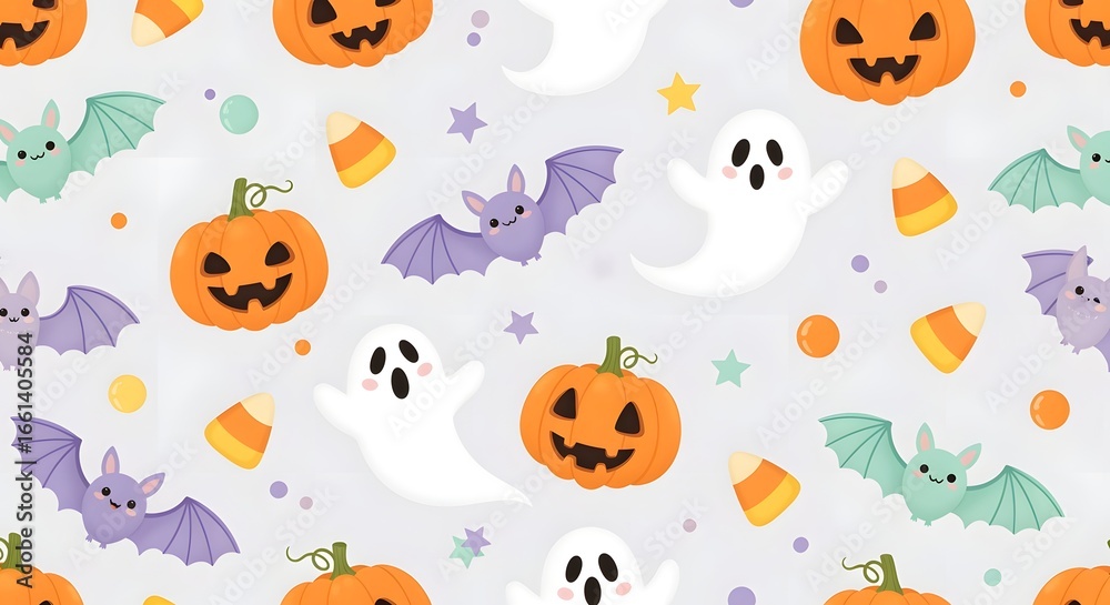 Fototapeta premium Halloween Pattern with Cute Ghosts Pumpkins Bats and Candy Corn in Cartoon Style