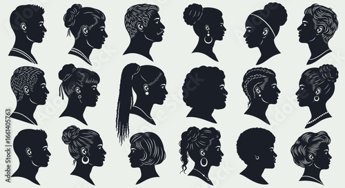 Collection of diverse female head silhouettes in profile, showcasing various hairstyles, accessories, and ethnic backgrounds.