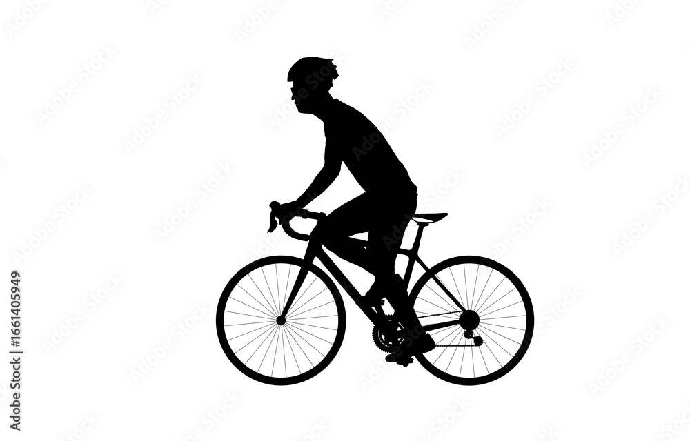 Fototapeta premium Silhouette side view of sportsman riding a bicycle in helmet and sportswear, cycling concept