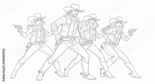 Four cowboys and cowgirls in Western attire, including hats, boots, and guns, stand in a dynamic pose, ready for action.