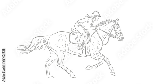 Line art illustration of a horse and rider in motion, galloping with the rider leaning forward in a racing posture.
