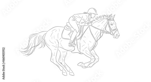 Sketch of a female equestrian riding a galloping horse, wearing a helmet and saddle, captured in a dynamic, action-filled pose.