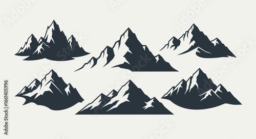 Six stylized mountain peak silhouettes are arranged against a light background, showcasing various shapes and textures of rocky mountain ranges.