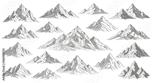 Collection of hand-drawn mountain silhouettes in various shapes and sizes.