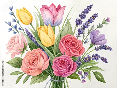 Watercolor flowers - tulips, roses, lavender