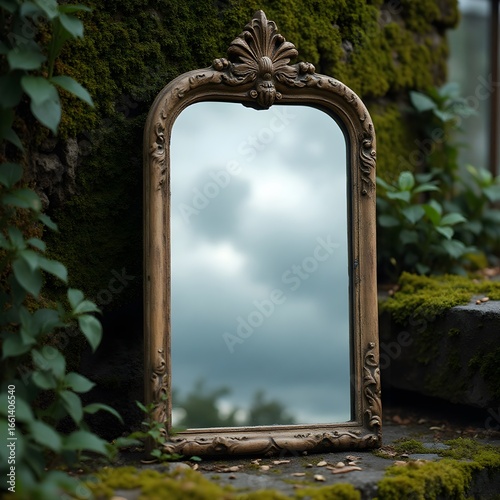 An ornate vintage mirror reflecting a cloudy sky, discovered in a secret garden against a mossy stone wall, creating a surreal and magical scene.