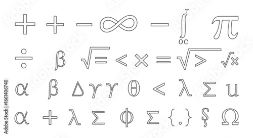Collection of mathematical symbols, including plus, minus, infinity, pi, division, square root, less than, equal to, greater than, Greek letters, summation, and brackets.