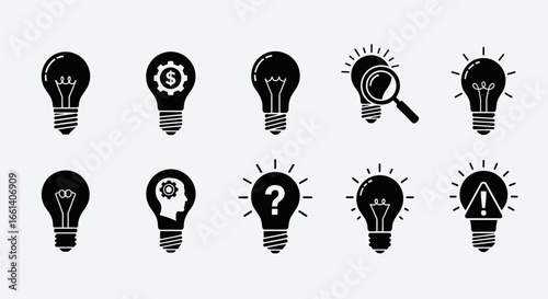Collection of lightbulb icons symbolizing ideas, innovation, problem-solving, and discovery.