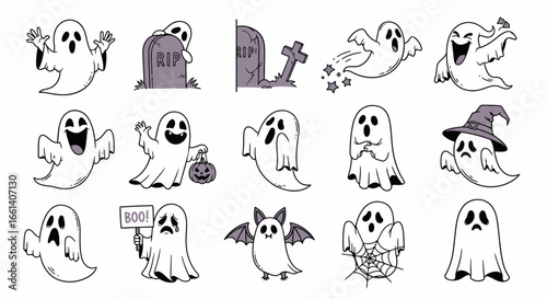 A collection of cute cartoon ghosts in various Halloween poses.