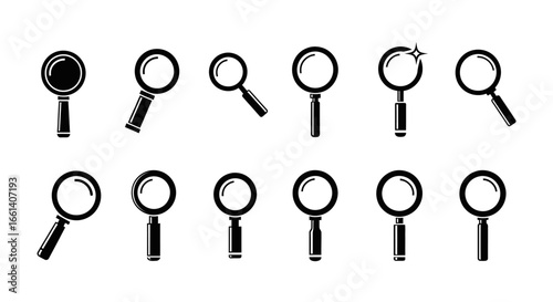 Collection of various black magnifying glass icons in different orientations.