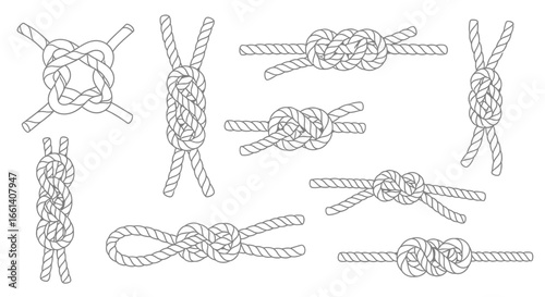 Detailed illustration showcasing various types of nautical knots, demonstrating rope tying techniques for various purposes.
