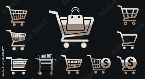 Collection of various shopping cart icons, representing retail and commerce, on a dark background.
