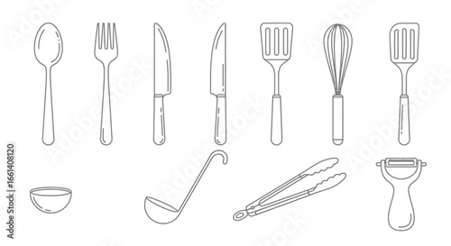 Outline illustration of various kitchen utensils, including spoons, forks, knives, spatulas, whisks, tongs, and a peeler.