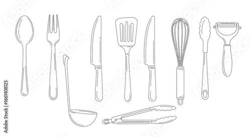 Collection of various kitchen utensils in a simple line drawing style.