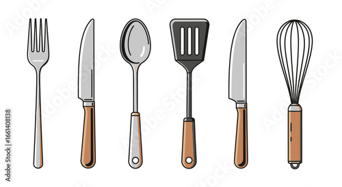 Collection of various kitchen utensils, including fork, knife, spoon, spatula, and whisk.