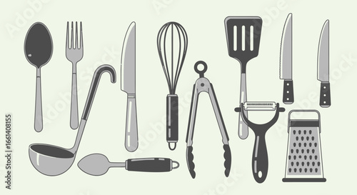 Illustration of various kitchen utensils including knives, a spoon, fork, ladle, whisk, tongs, spatula, peeler, and grater, arranged on a light background.