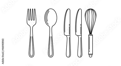 Simple line art illustration of a fork, spoon, two knives, and a whisk, all arranged side-by-side on a white background.