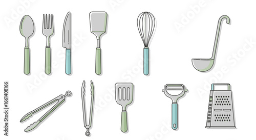 A collection of ten kitchen utensils, including a spoon, fork, knife, spatulas, whisk, ladle, tongs, peeler, and grater, arranged against a white background.
