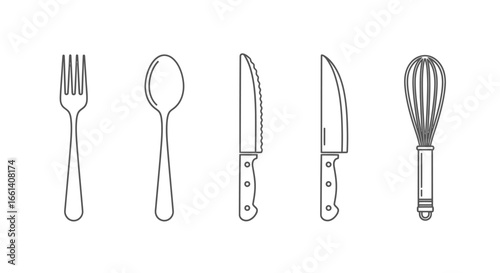 Five kitchen utensils in a row: a fork, a spoon, two knives, and a whisk, all outlined in black on a white background.