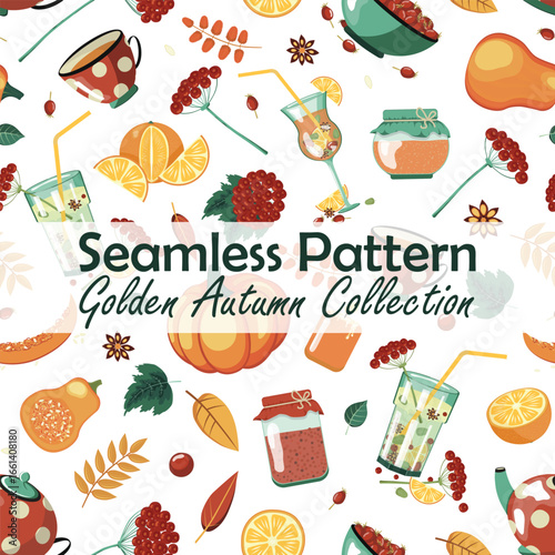 Seamless Autumn Pattern with Pumpkins, Rose Hips, Orange Tea, Mulled Wine, and Cozy Seasonal Elements