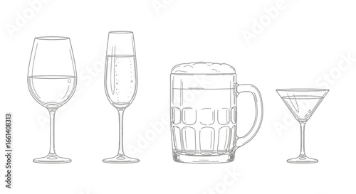 Line art illustration of four different types of glasses, including a wine glass, champagne flute, beer mug, and martini glass, each partially filled with liquid.