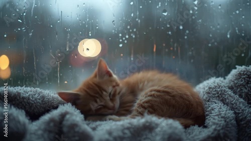 A peaceful orange cat sleeping on a cozy blanket by a rainy window with blurred city lights outside